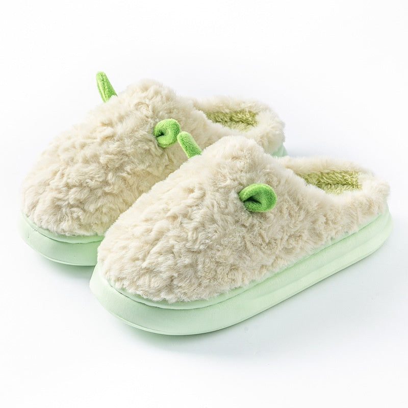 Teddy slippers for women with two little ears on the toe, plush lining and thick sole - light green
