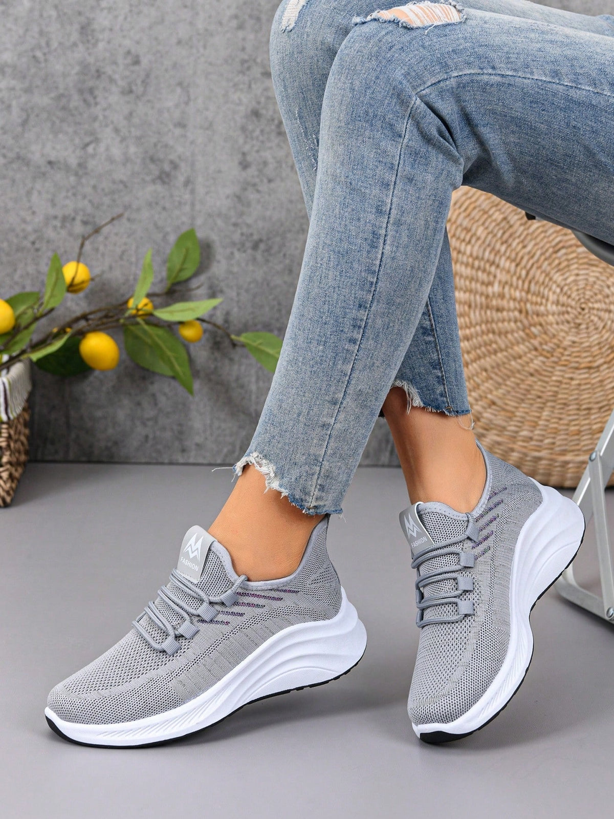 Knit trainers for women with elastic laces, small emblem on the tongue and thick curved sole - view 7