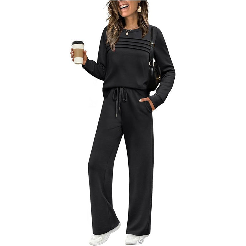 Women's two-piece set with a pleated top and wide-leg drawstring trousers - black