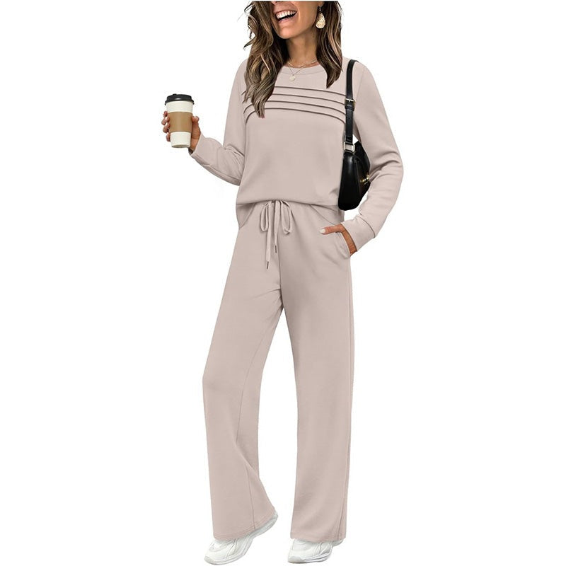 Women's two-piece set with a pleated top and wide-leg drawstring trousers - beige