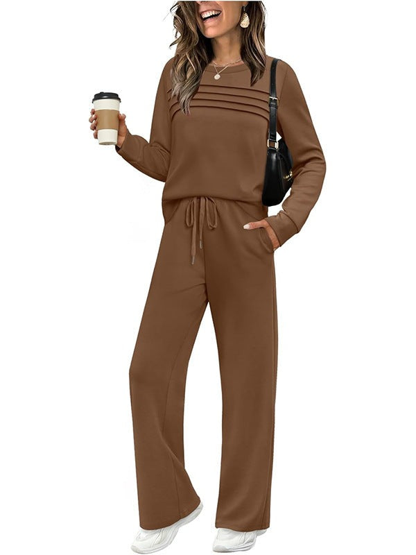 Women's two-piece set with a pleated top and wide-leg drawstring trousers - brown