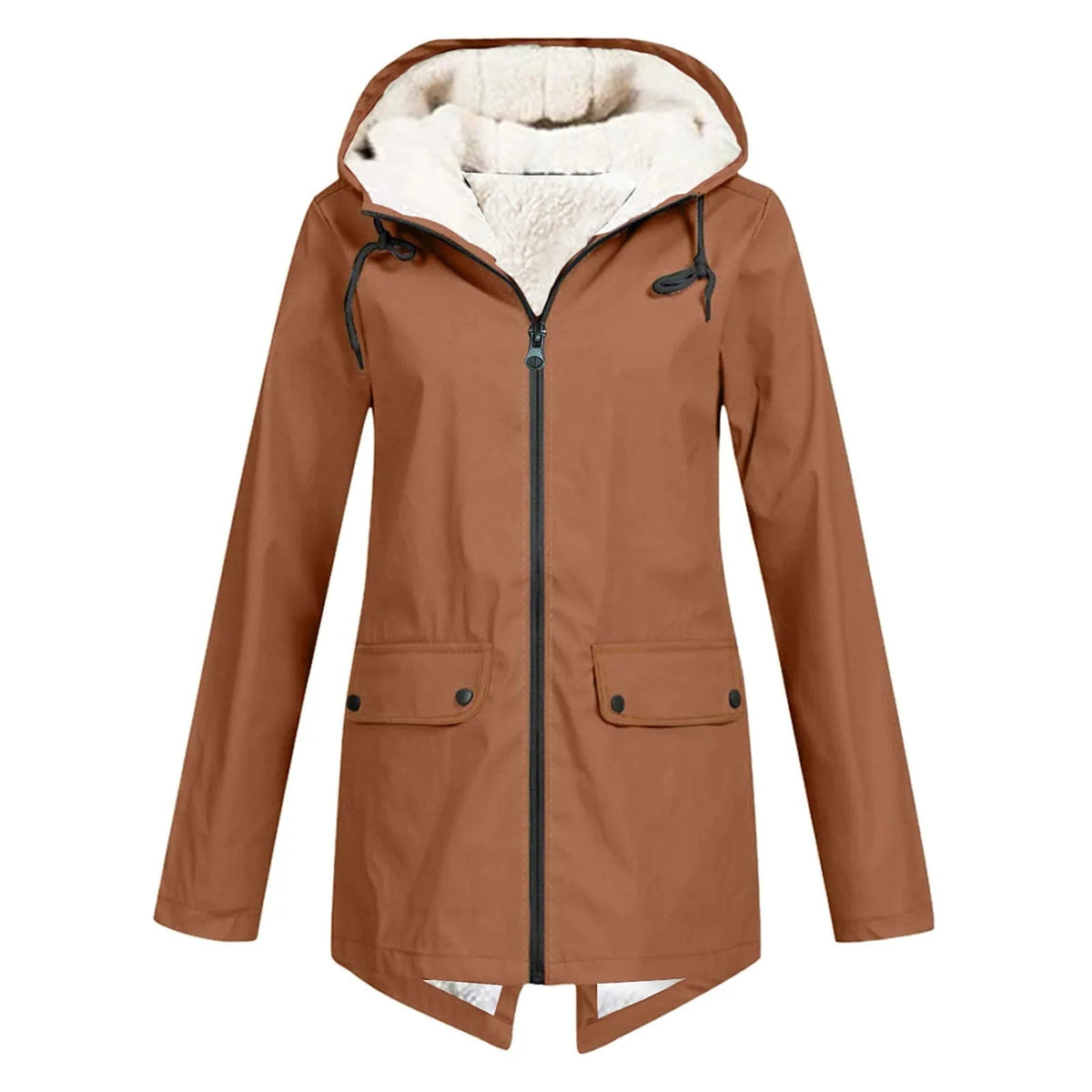 Women's water-repellent hooded parka with a sherpa lining and flap pockets - brown