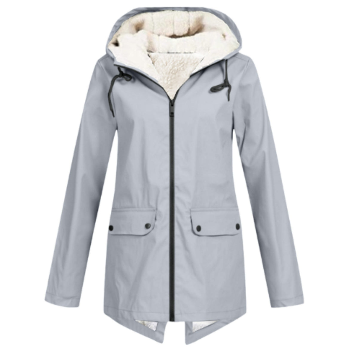 Women's water-repellent hooded parka with a sherpa lining and flap pockets - light grey