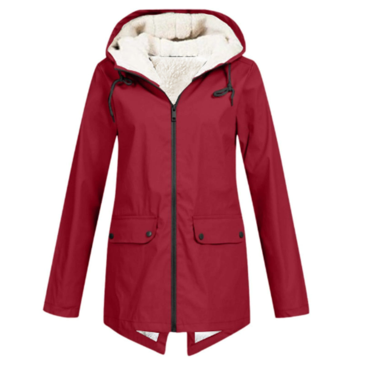 Women's water-repellent hooded parka with a sherpa lining and flap pockets - red