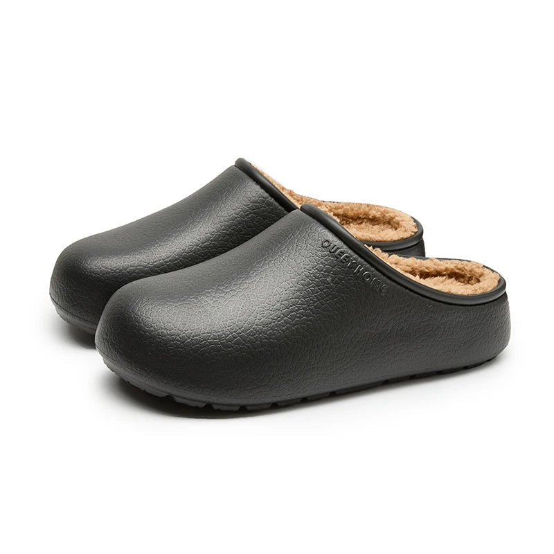 Slippers with a smooth grained upper, plush lining and open heel - black