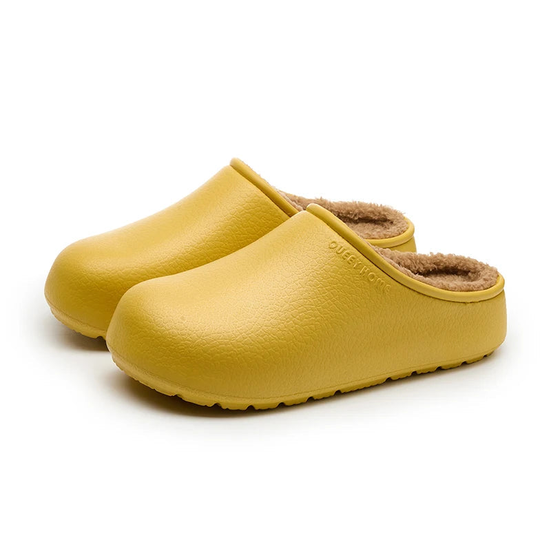 Slippers with a smooth grained upper, plush lining and open heel - yellow