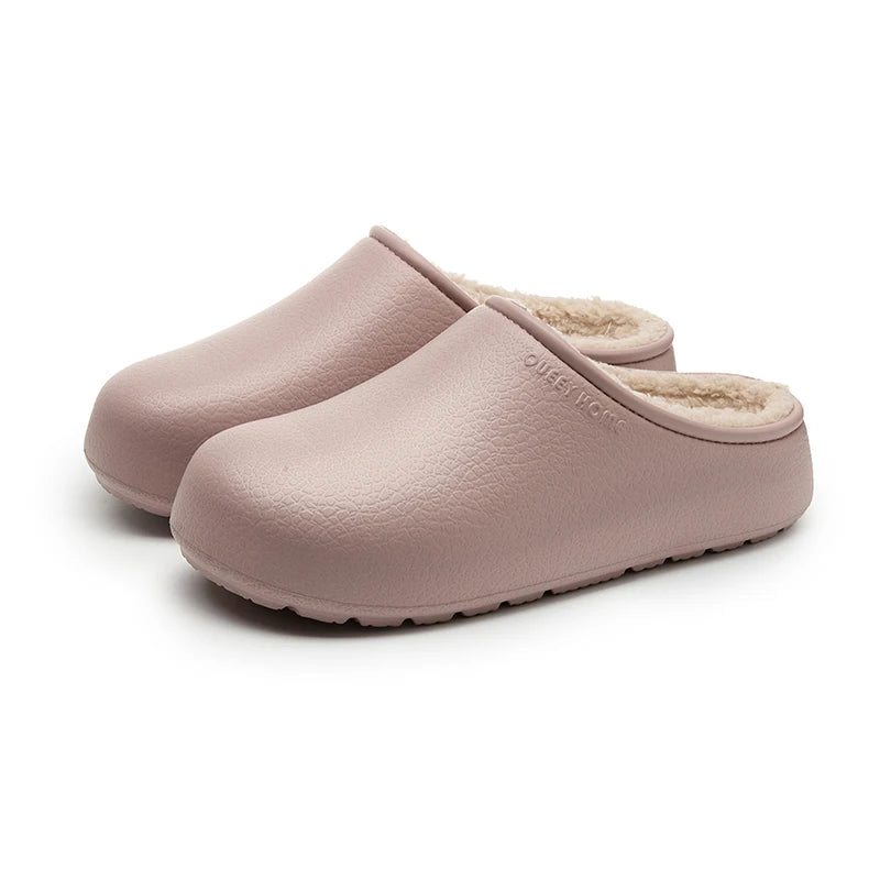 Slippers with a smooth grained upper, plush lining and open heel - mauve