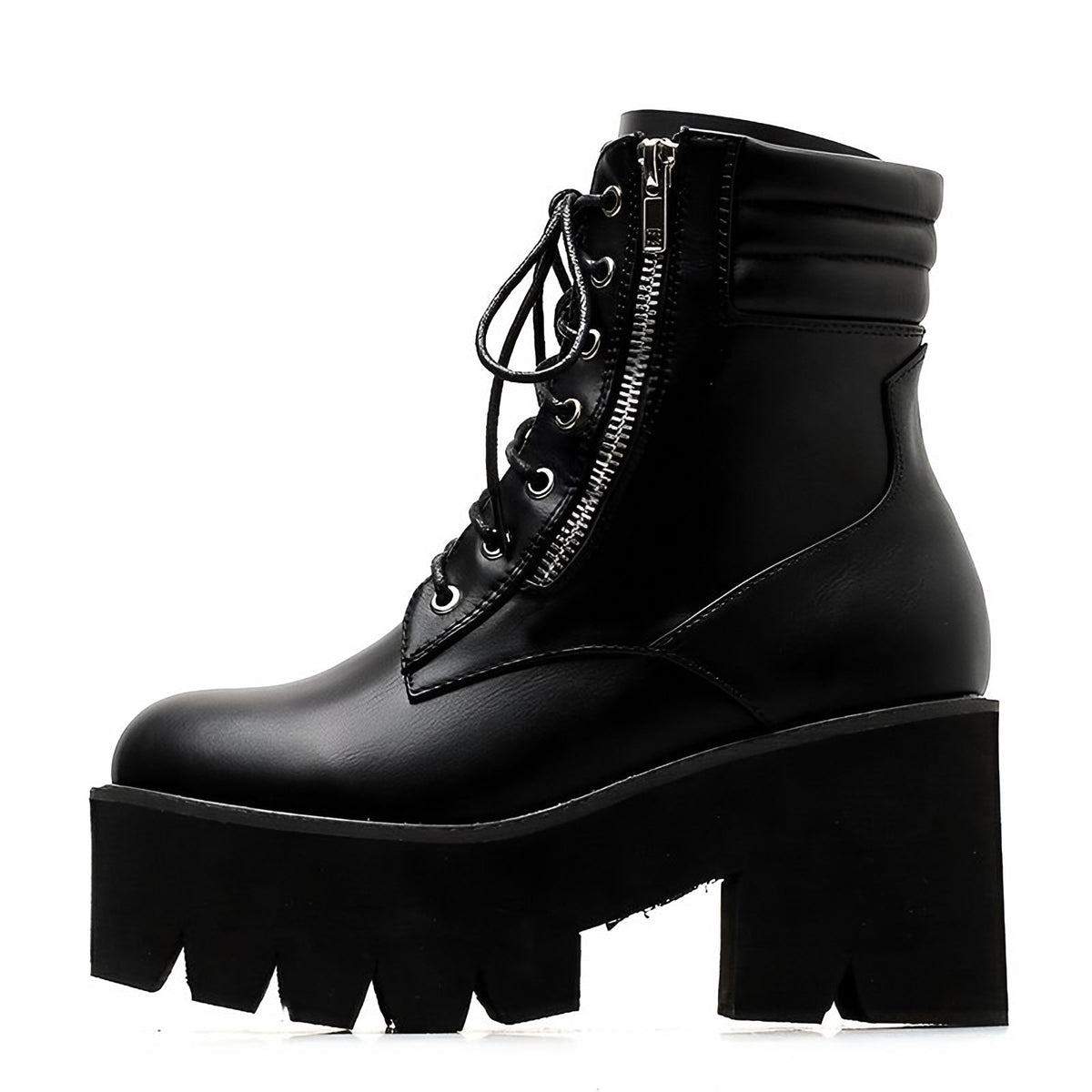 Women's black lace-up platform ankle boots, side view with side zip