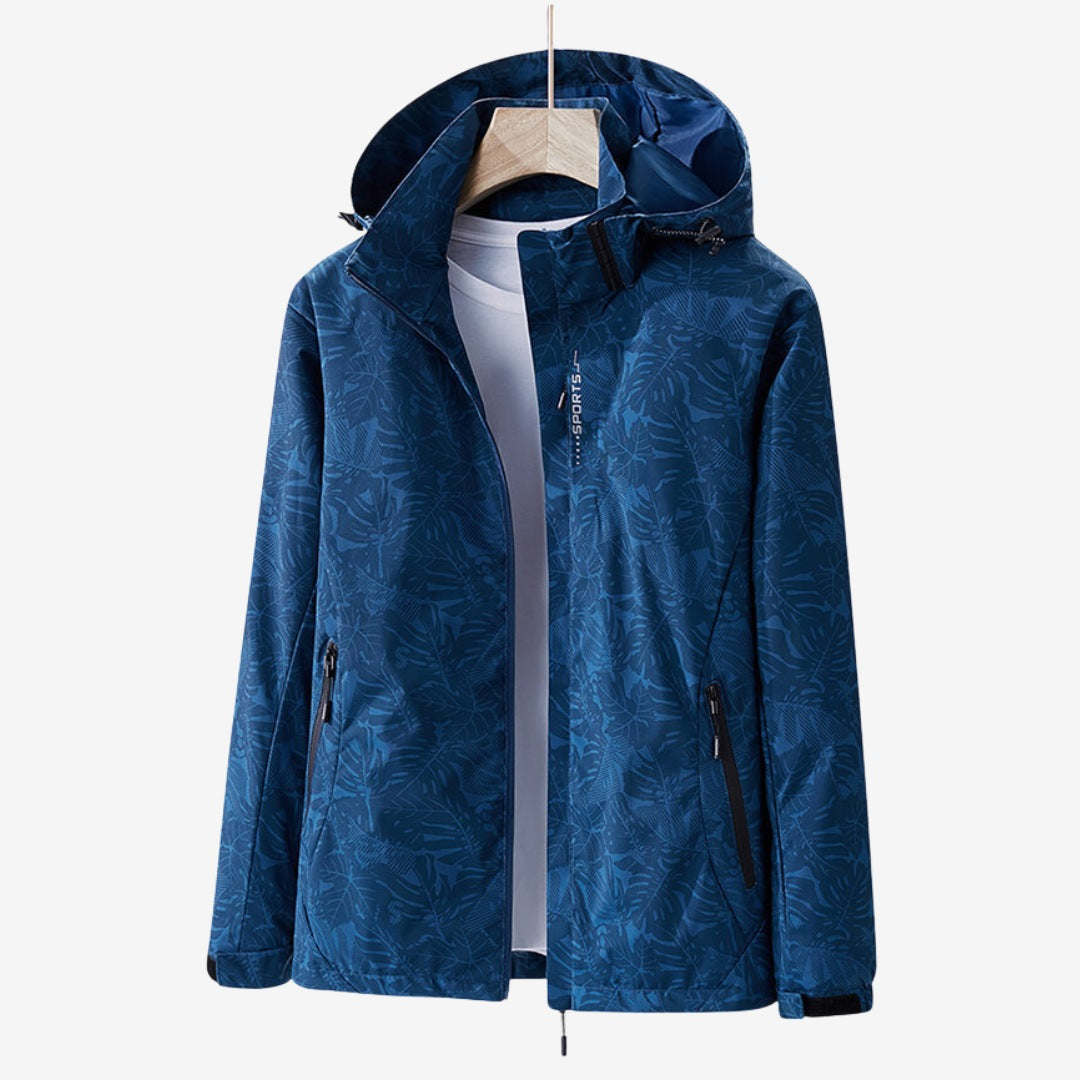 Women's waterproof wind jacket with a leaf print and hood - blue