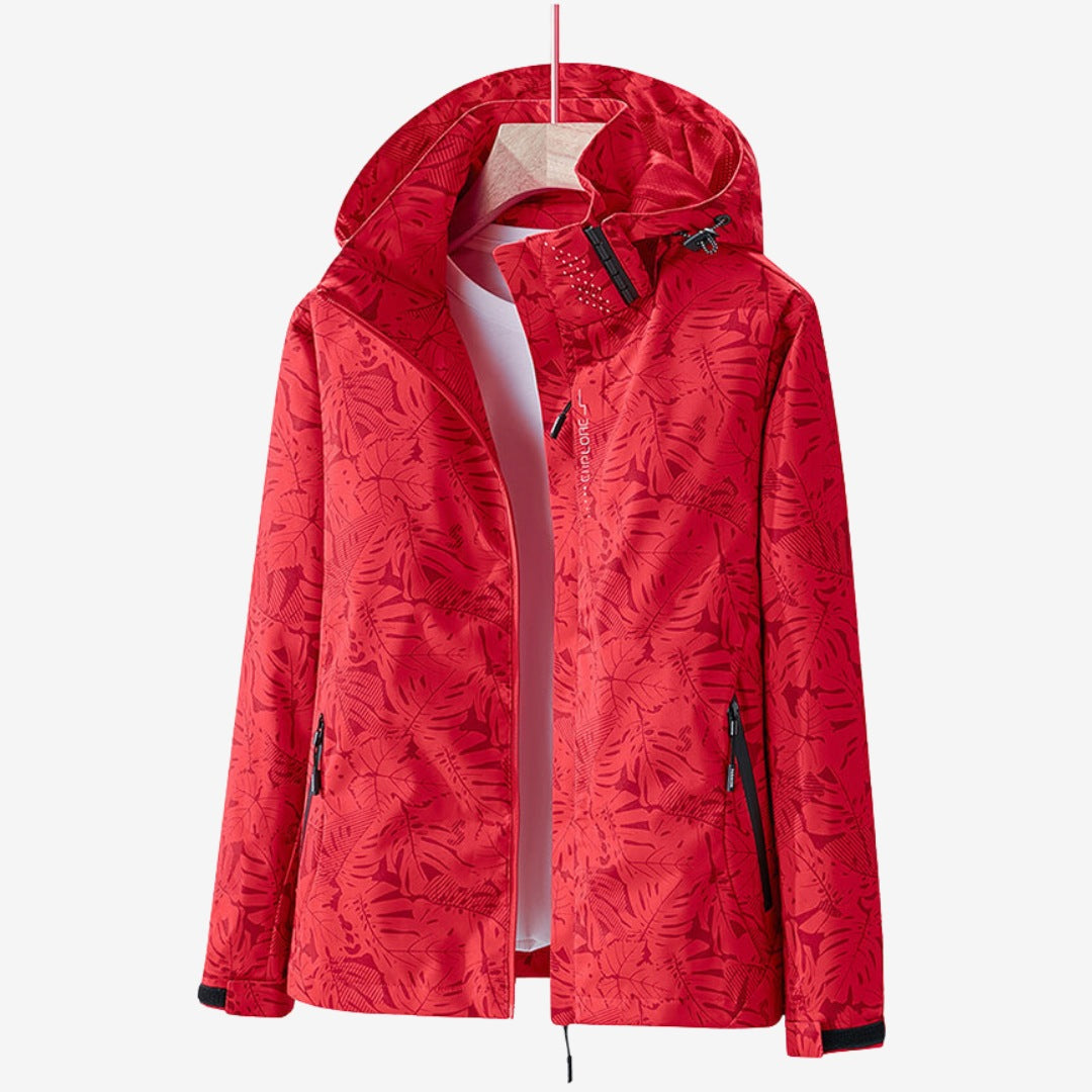 Women's waterproof wind jacket with a leaf print and hood - red
