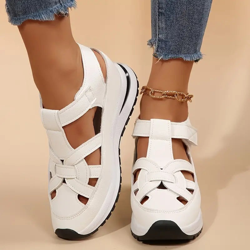 Women's wide fit closed-toe sandals with hook-and-loop straps - white
