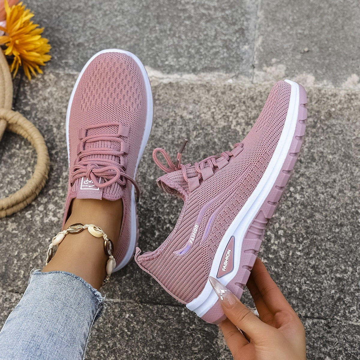Women's wide fit knit trainers with a thick cushioned sole - view 2