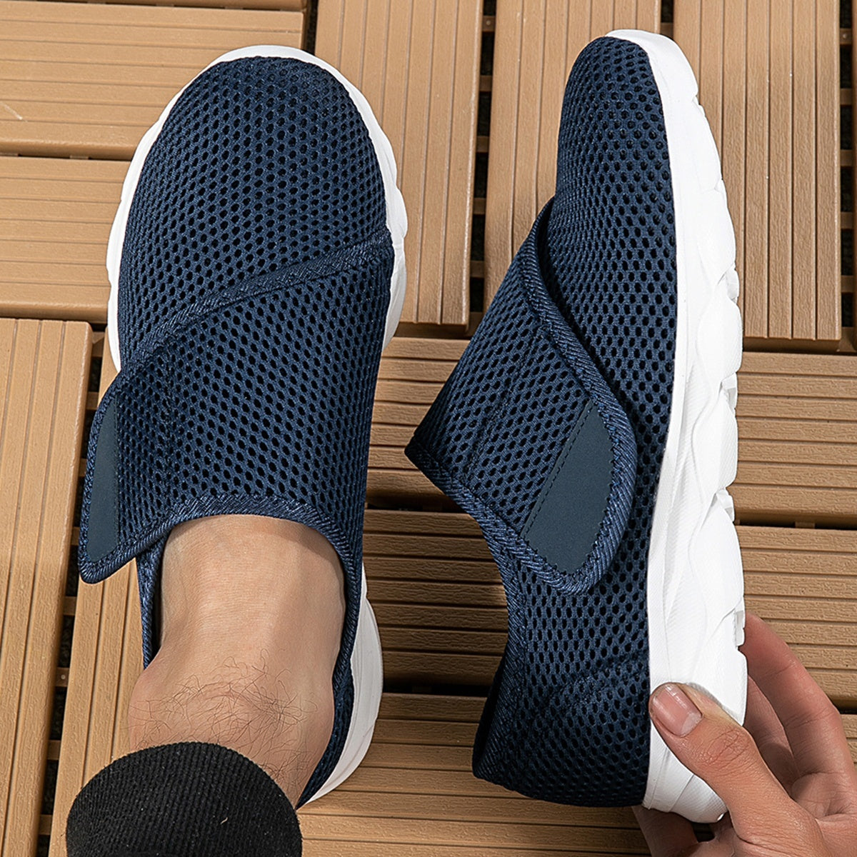 Wide fit mesh shoes for women with broad hook and loop strap over the instep and flat tread sole - view 11