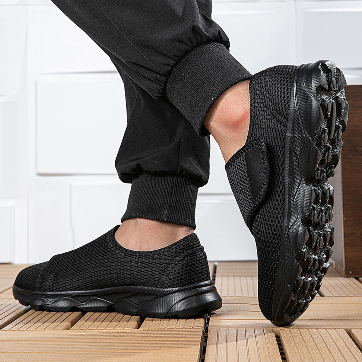 Wide fit mesh shoes for women with broad hook and loop strap over the instep and flat tread sole - view 14