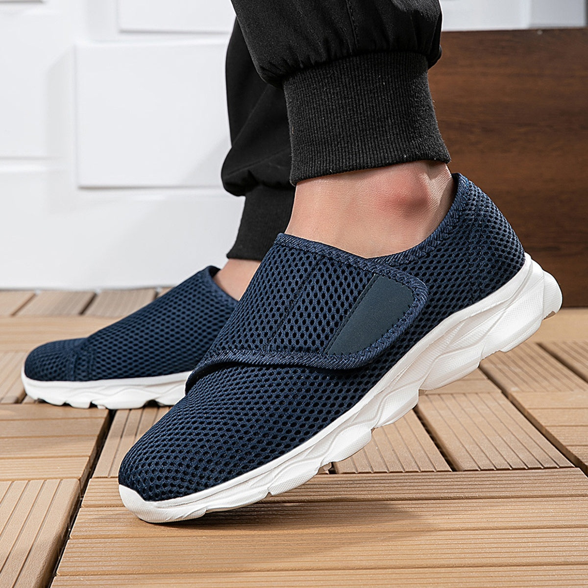 Wide fit mesh shoes for women with broad hook and loop strap over the instep and flat tread sole - view 8
