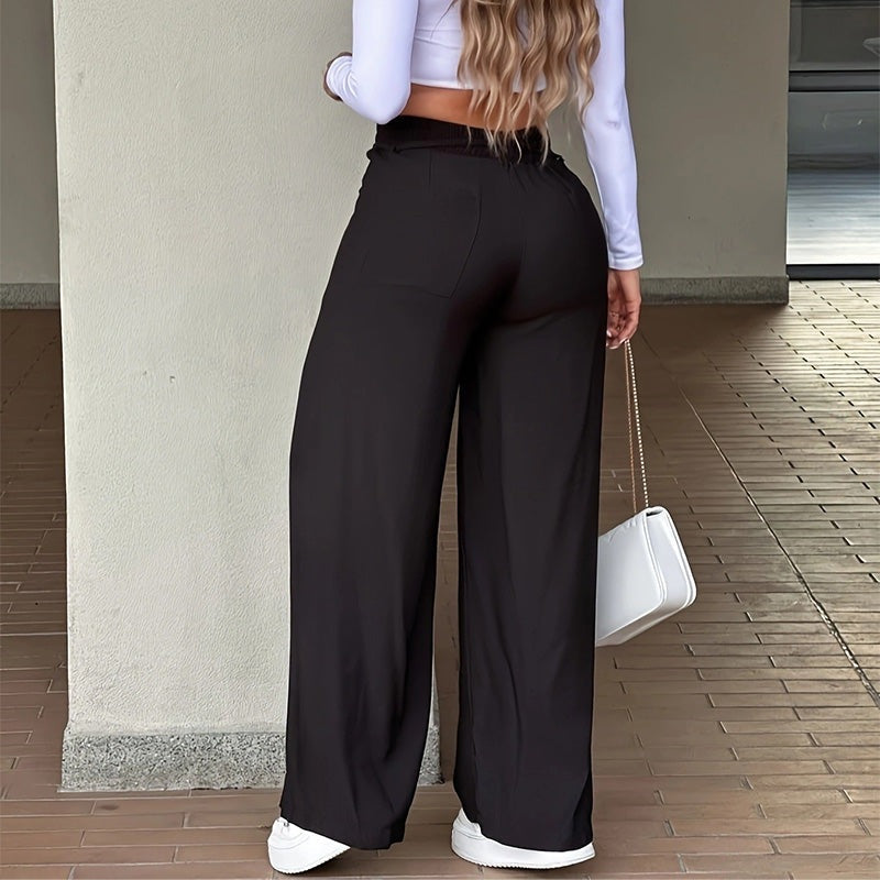 Women's wide-leg trousers with a high waist, drawstring and stitched front seams - black
