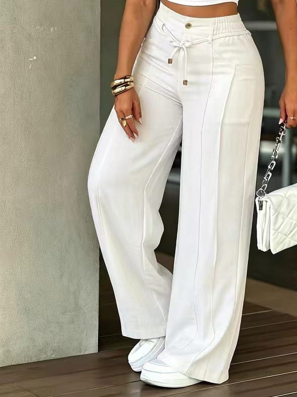 Women's wide-leg trousers with a high waist, drawstring and stitched front seams - white
