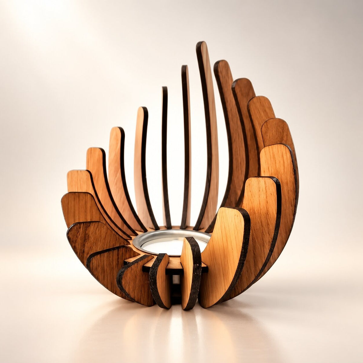 Wooden tea light holder made of curved slats in a flower shape