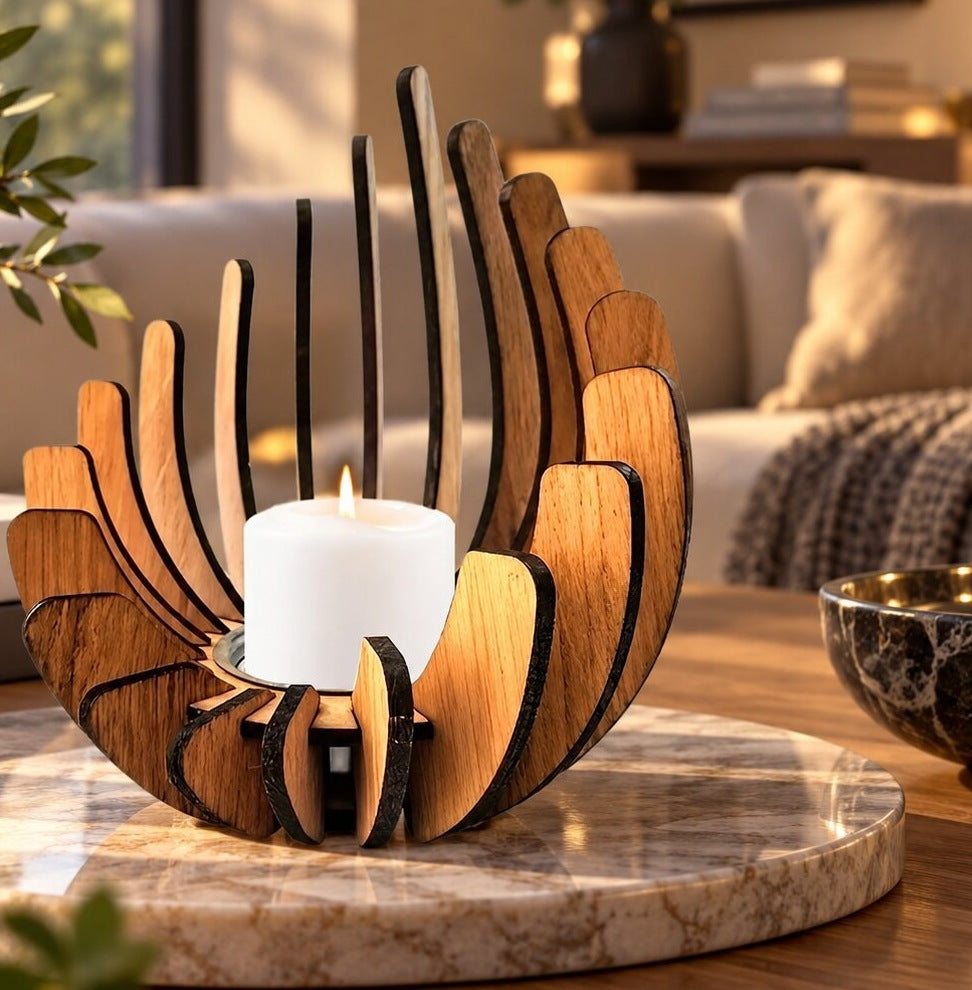 Wooden tea light holder made of curved slats in a flower shape - view 2