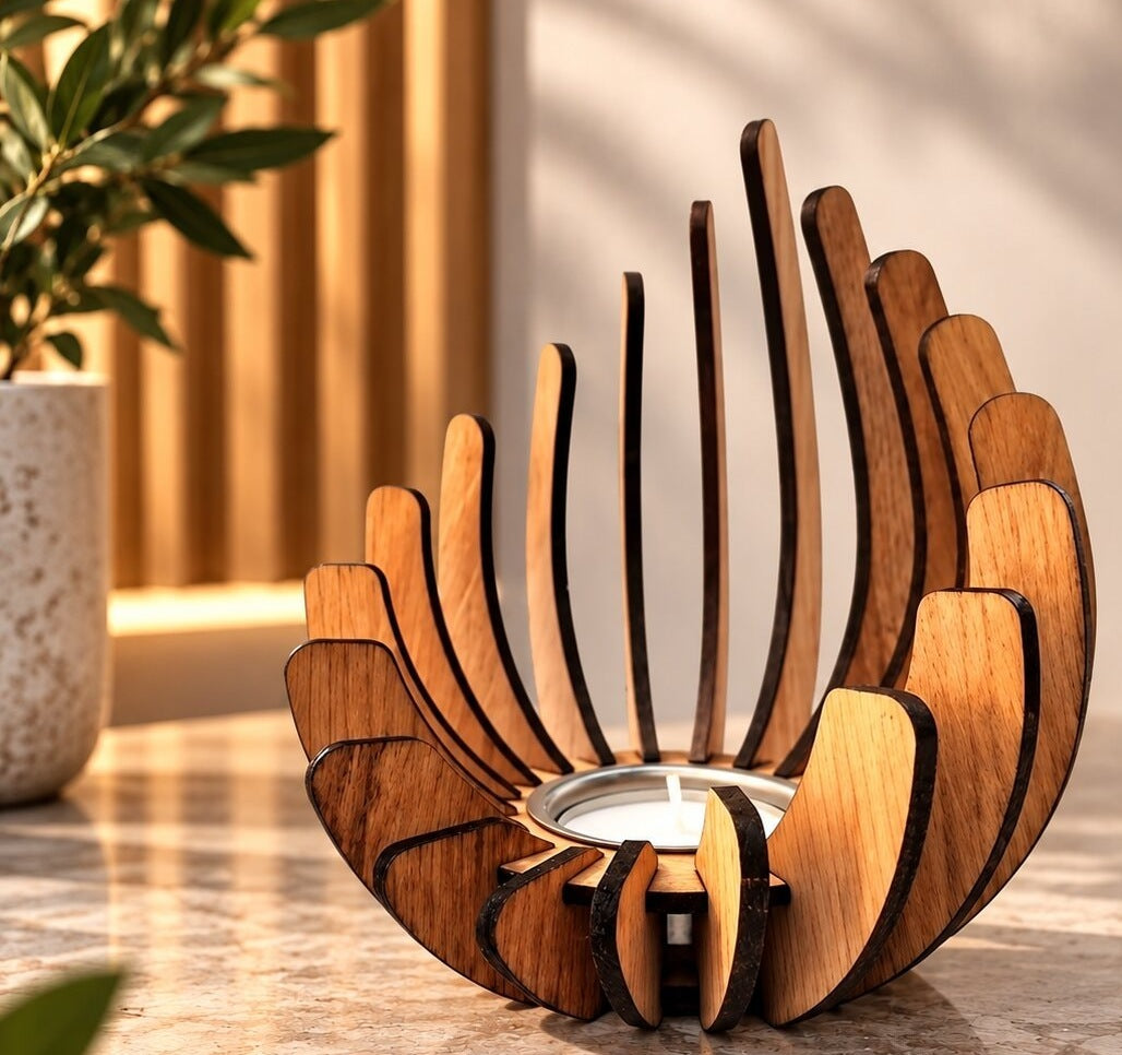 Wooden tea light holder made of curved slats in a flower shape - view 3