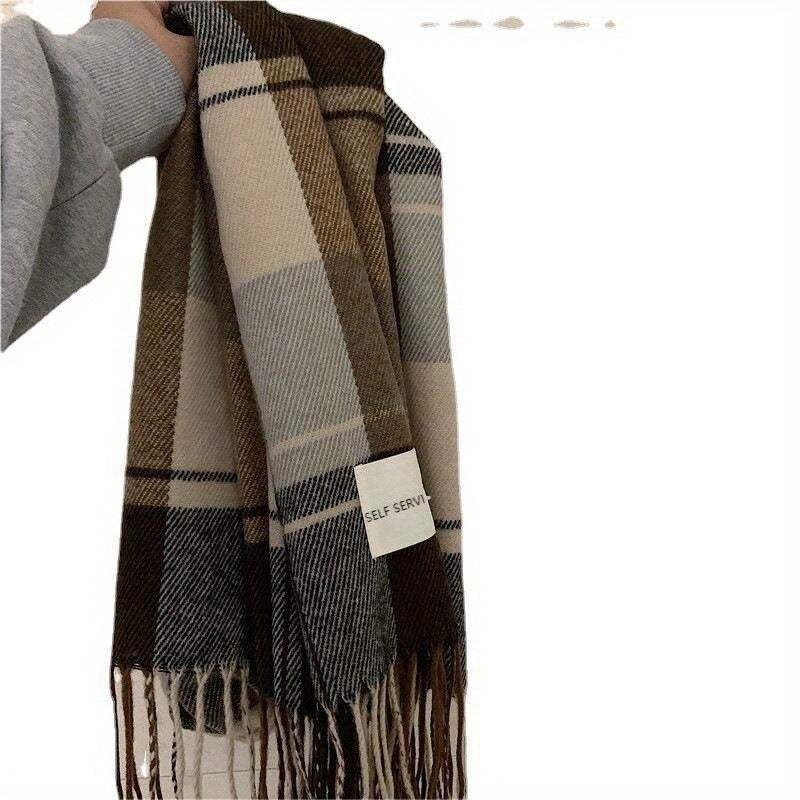 Women's woven scarf in a large check with a fringe and a white label - brown