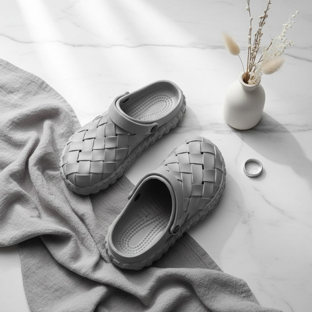 EVA clogs with a woven look, thick sole with chunky tread and swivel heel strap
