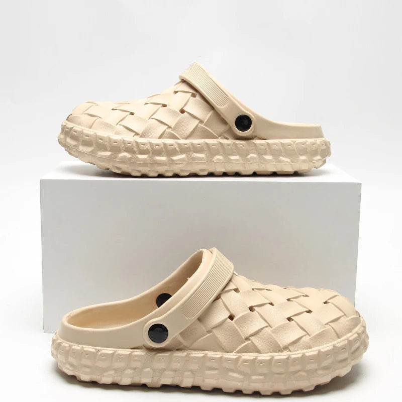 EVA clogs with a woven look, thick sole with chunky tread and swivel heel strap - view 3