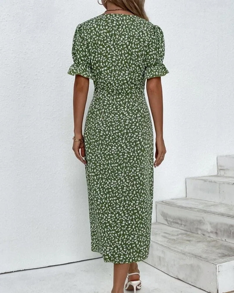 Women's Dress - Fresh Bloom V-Neck Dress in Green