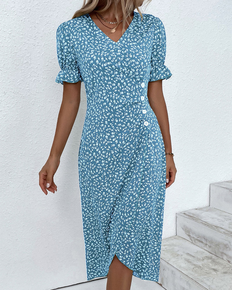 Women's Dress - Fresh Bloom V-Neck Dress in Red