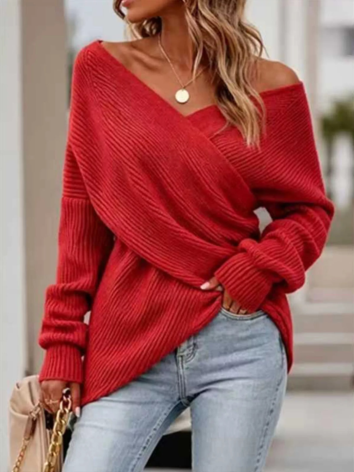 Women's crossover front ribbed jumper in Red
