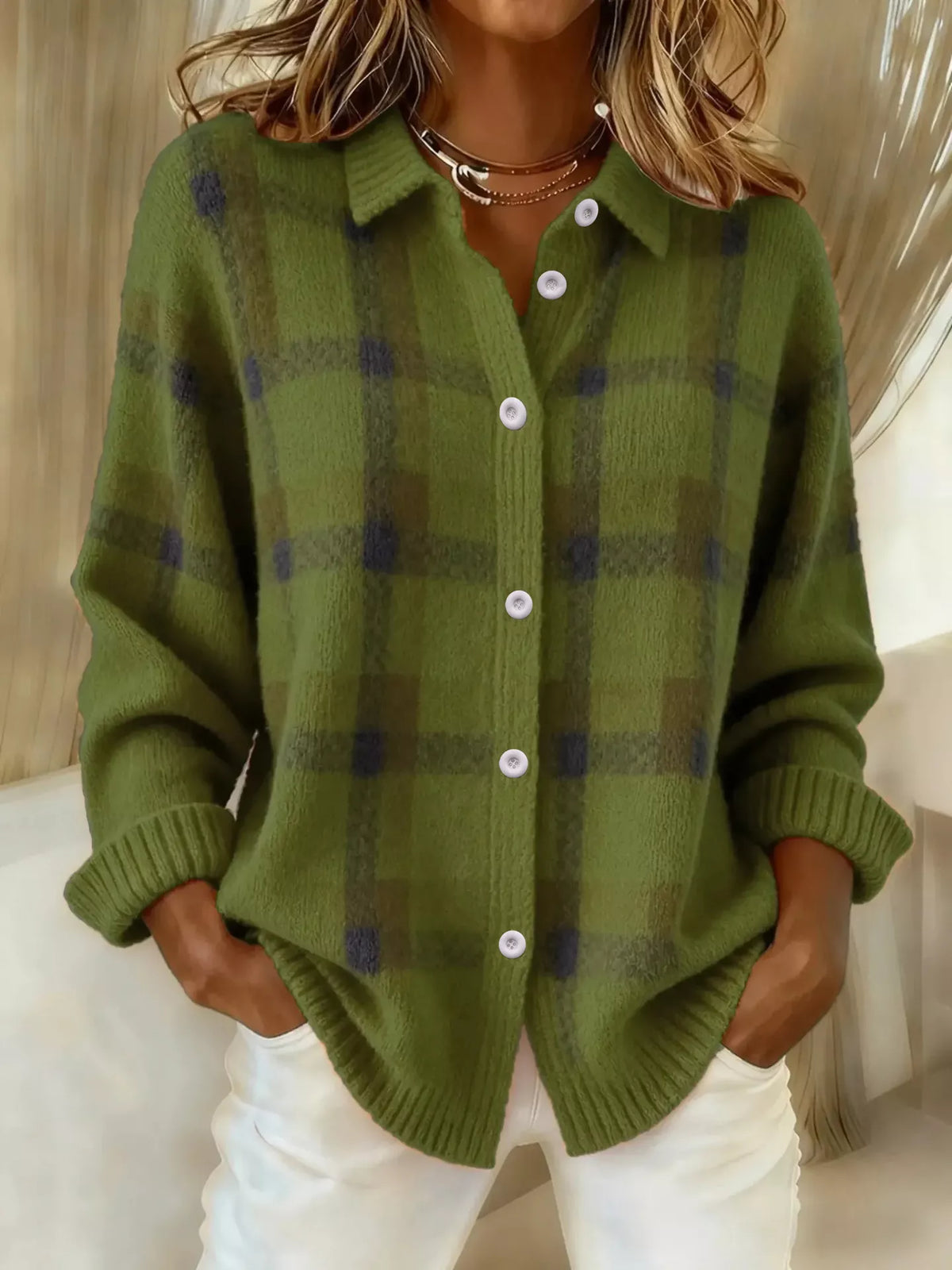 Women's check knit cardigan in Army Green
