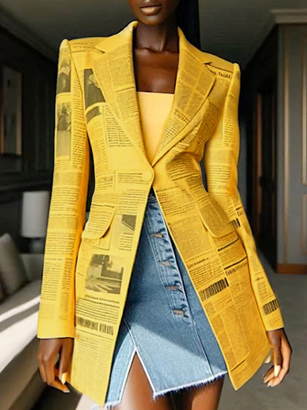 Fitted yellow blazer printed with newspaper columns and a peak lapel in yellow