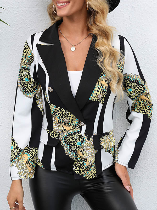Cropped black and white striped blazer with baroque print panels