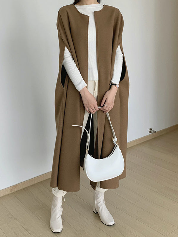 Sleeveless longline cape with a round neck and open front in coffee