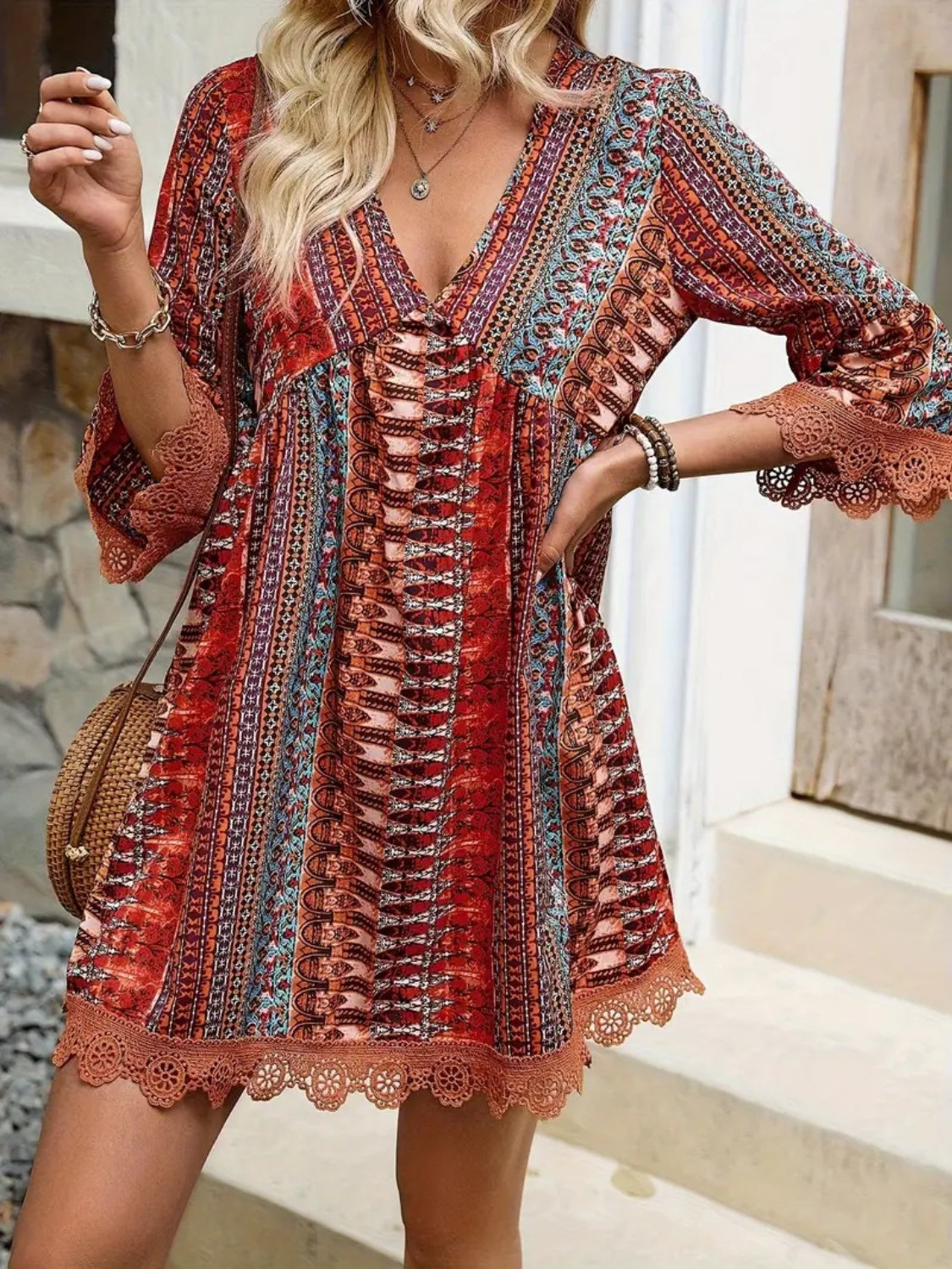Women's boho print dress with lace trim in Rust