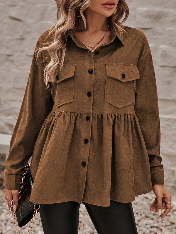 Tobacco brown corduroy shacket with a gathered peplum and chest pockets
