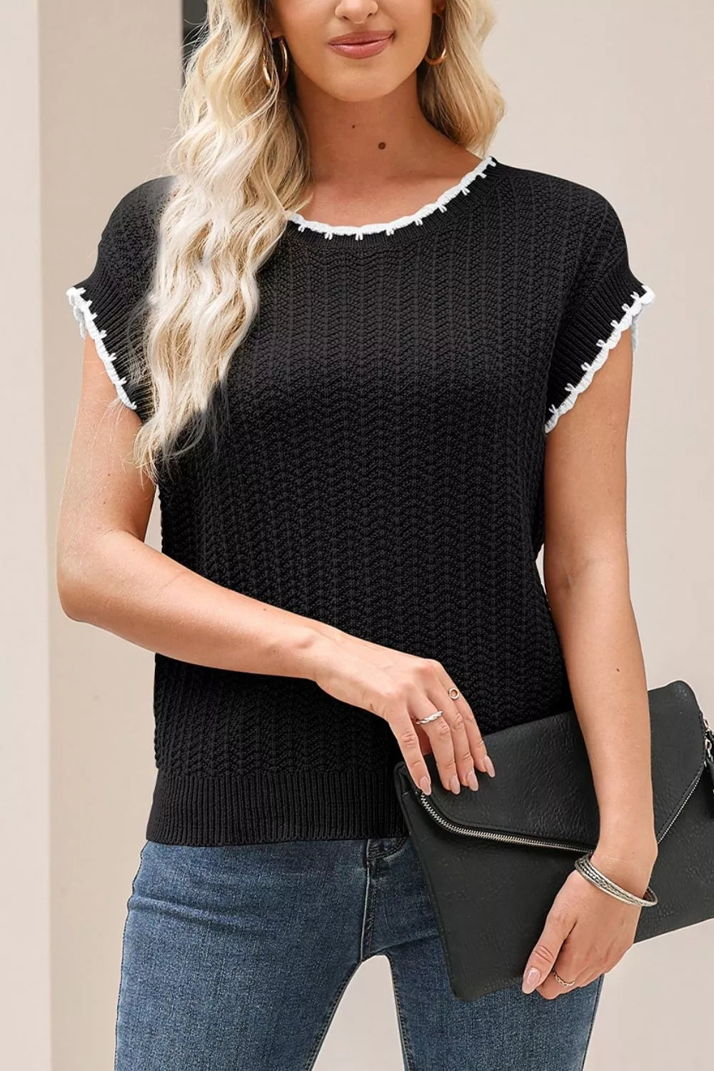 Women's textured cotton knitted vest in Black