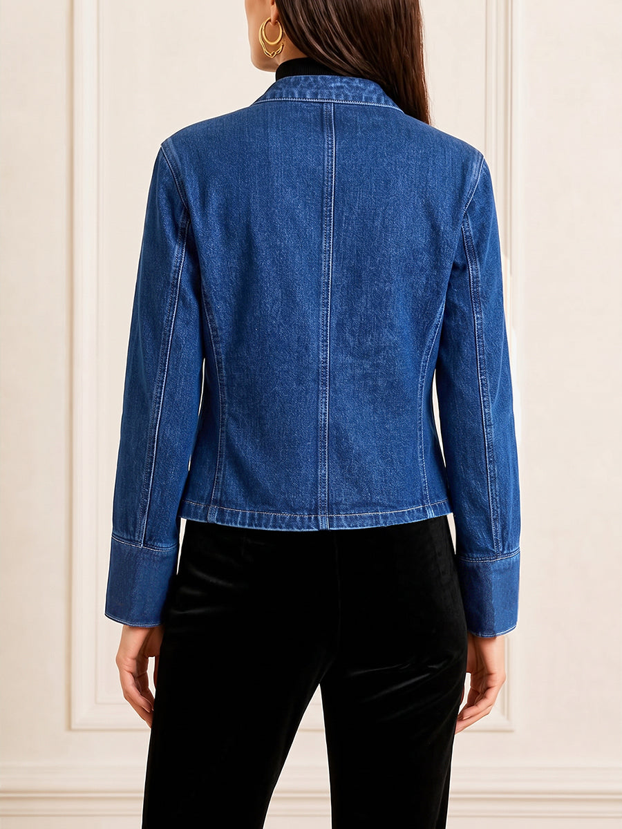 Short denim military jacket with two rows of gold-tone buttons