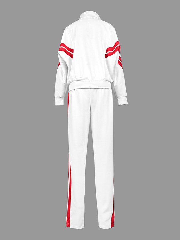 White track jacket with twin red stripes across the sleeves
