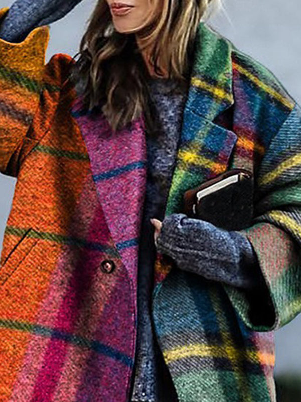 Longline coat in bright multicolour plaid with a lapel collar
