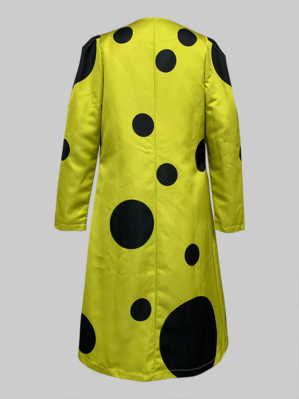 Yellow longline coat with large black polka dots and a round neck