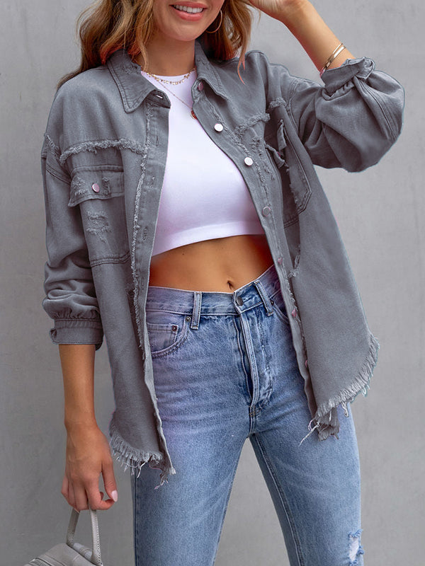 Oversized shirt jacket with frayed edges and chest pockets in grey