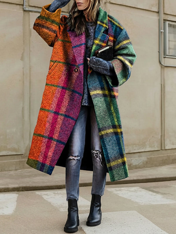 Longline coat in bright multicolour plaid with a lapel collar