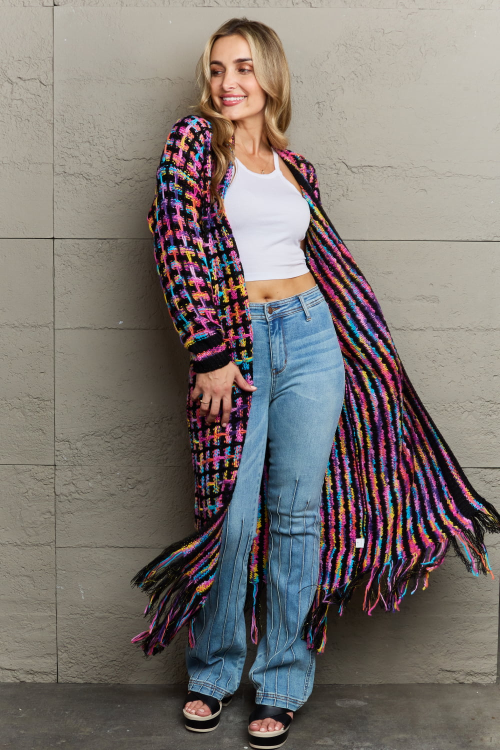 Women's longline fringe cardigan - detail