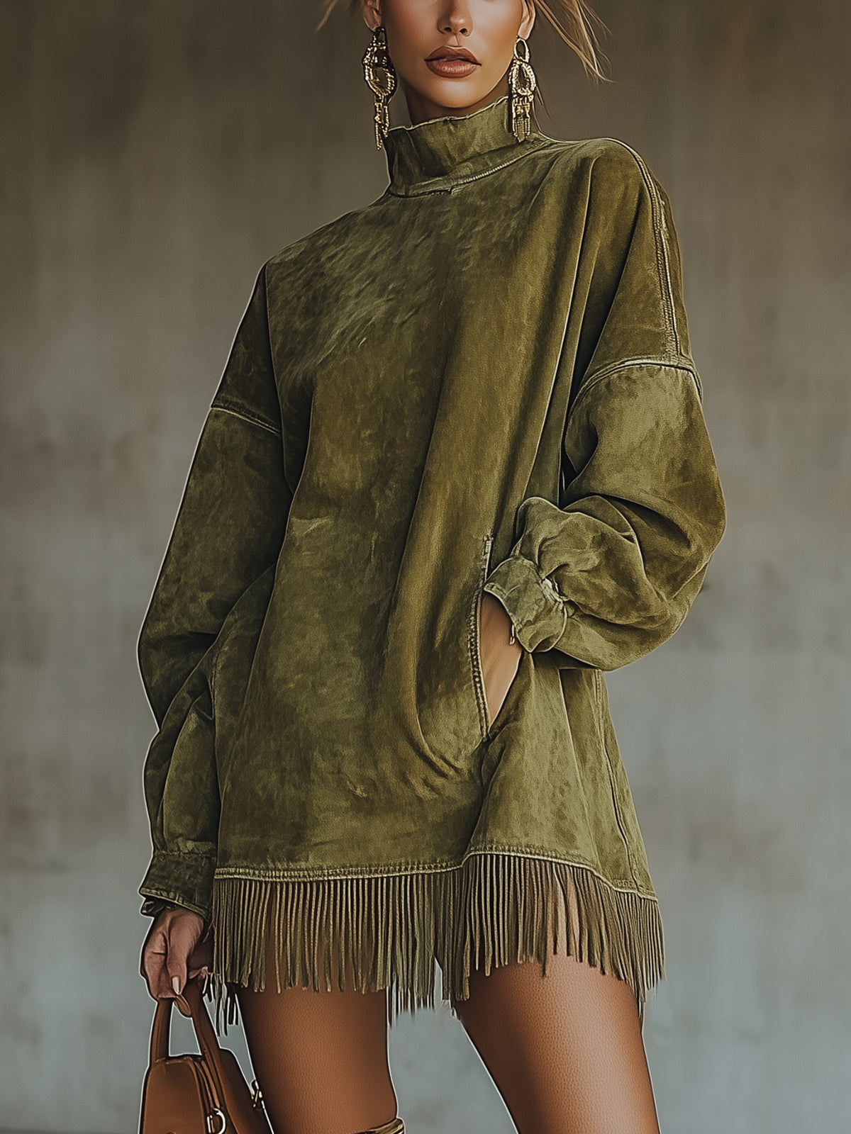 Oversized faux suede dress with fringed hem in Olive