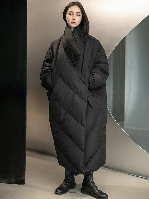 Long black padded coat with a scarf collar and diagonal quilting