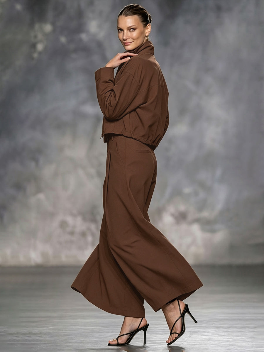 Cropped jacket with a stand collar, zip front and wide sleeves