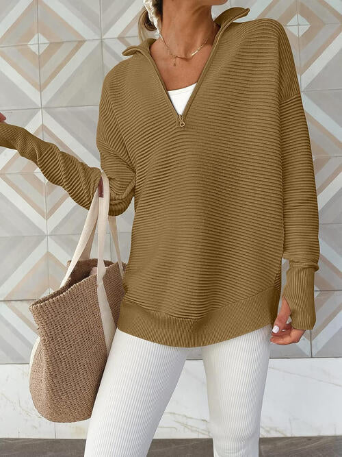 Women's half zip ribbed knit jumper - detail
