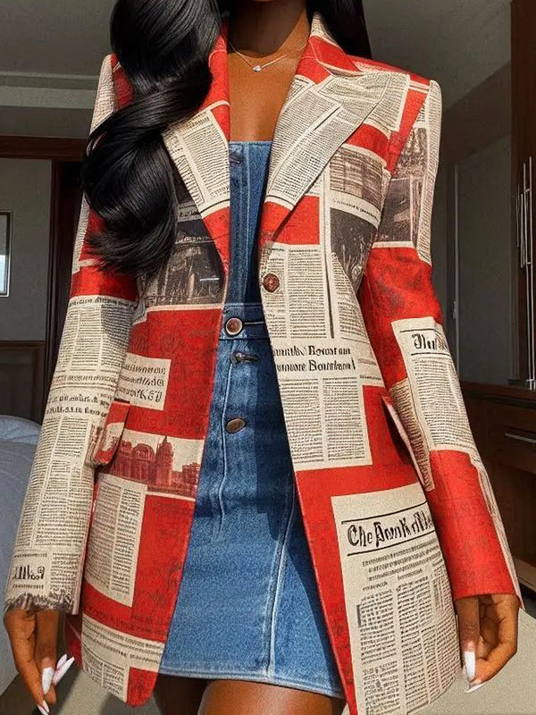 Blazer printed with newsprint columns in red and cream