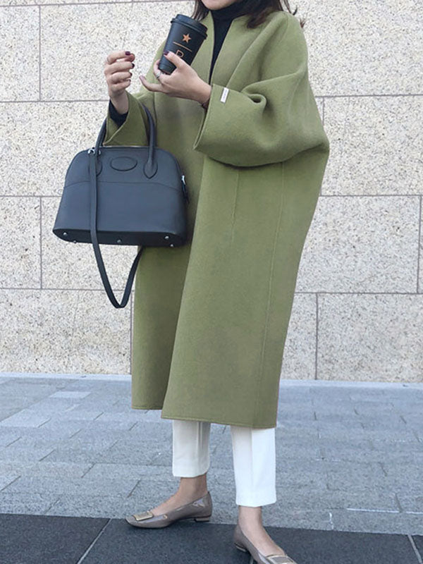 Collarless longline coat with dropped sleeves and an open front in black